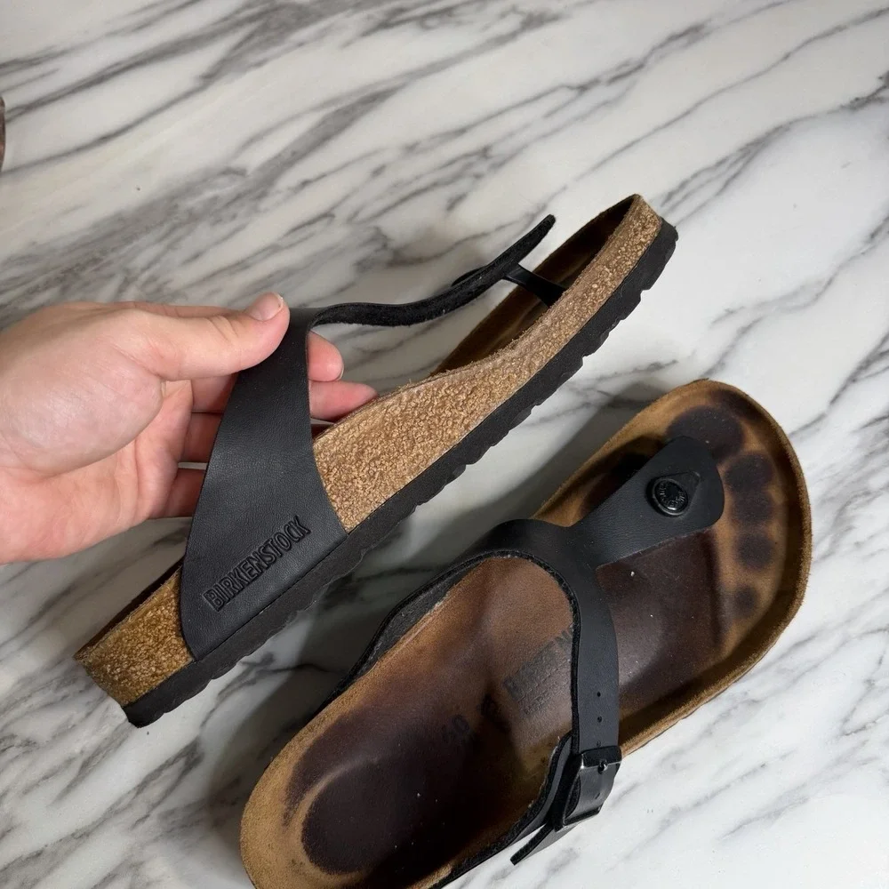 Birkenstock Gizeh Womens Leather Sandals Black Thong Birkoflor Size 40 US 9 Cork